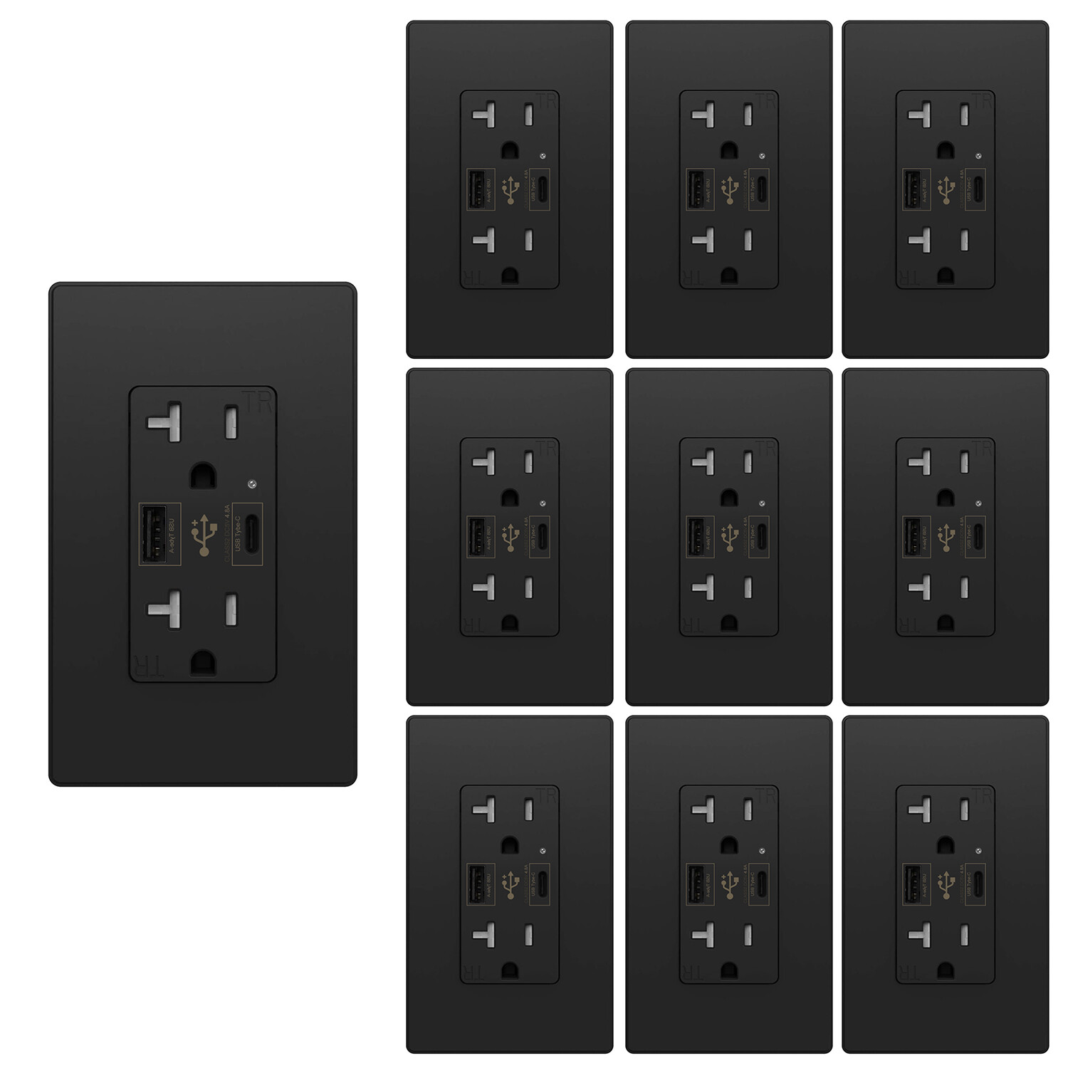4.8A USB C Outlet UL Dual High Speed Receptacle 20 Amp, 125 Volt, Black,10Pack