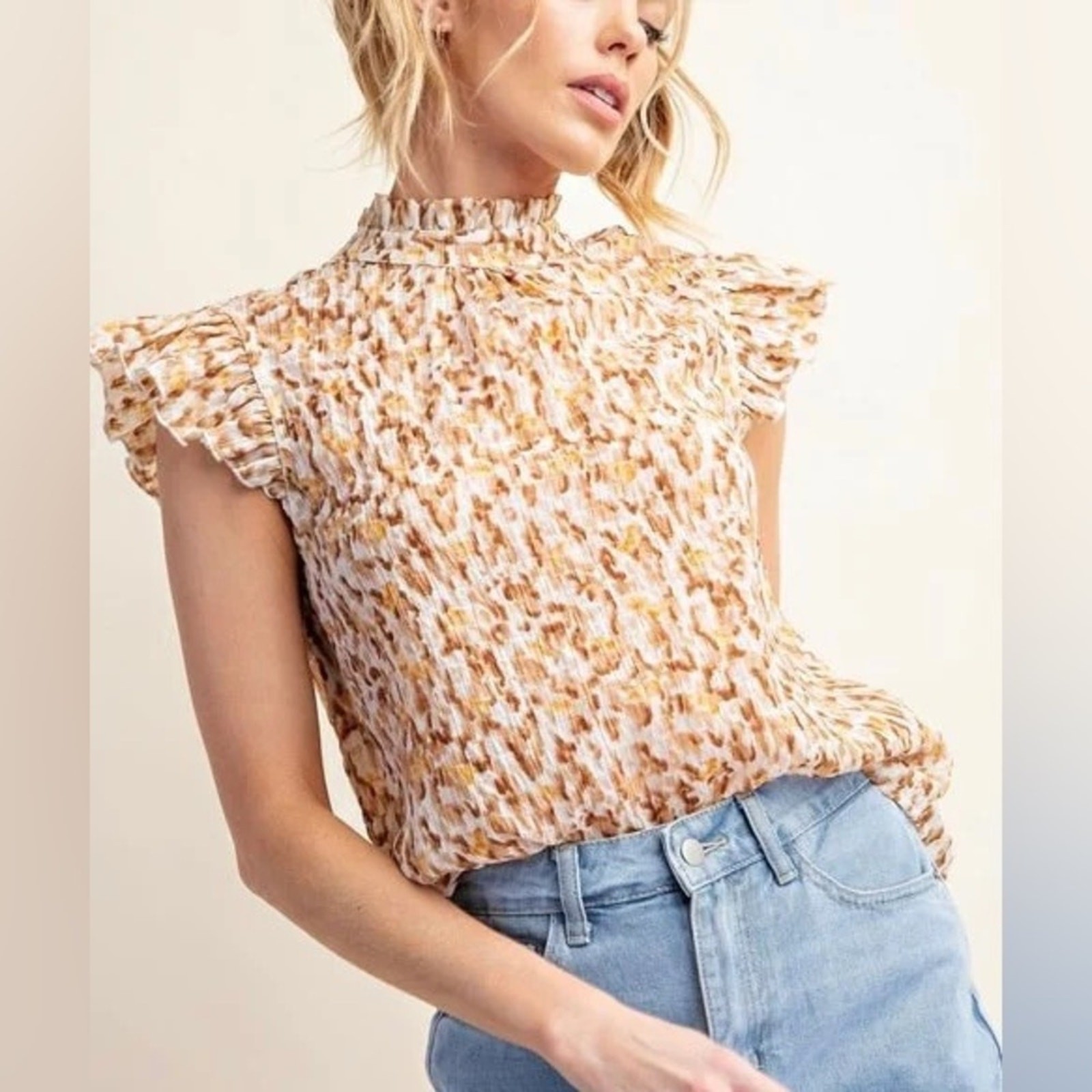 NWT Voy Womens High Neck Ruffled Sleeve Top Multicolor Size Small NWT Voy Womens High Neck Ruffled Sleeve Top Multicolor Size Small