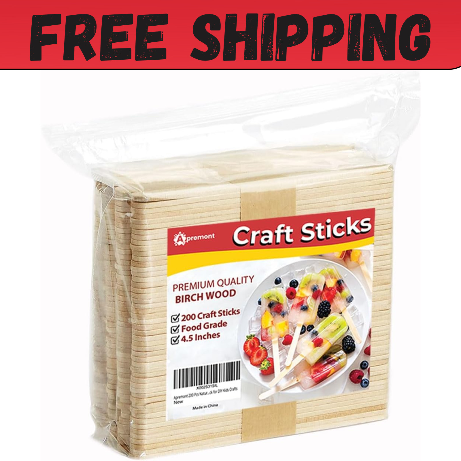 200 Pcs Natural Wooden Food Grade Sticks - Ice Cream Stick - Popsicle 4.5 inch