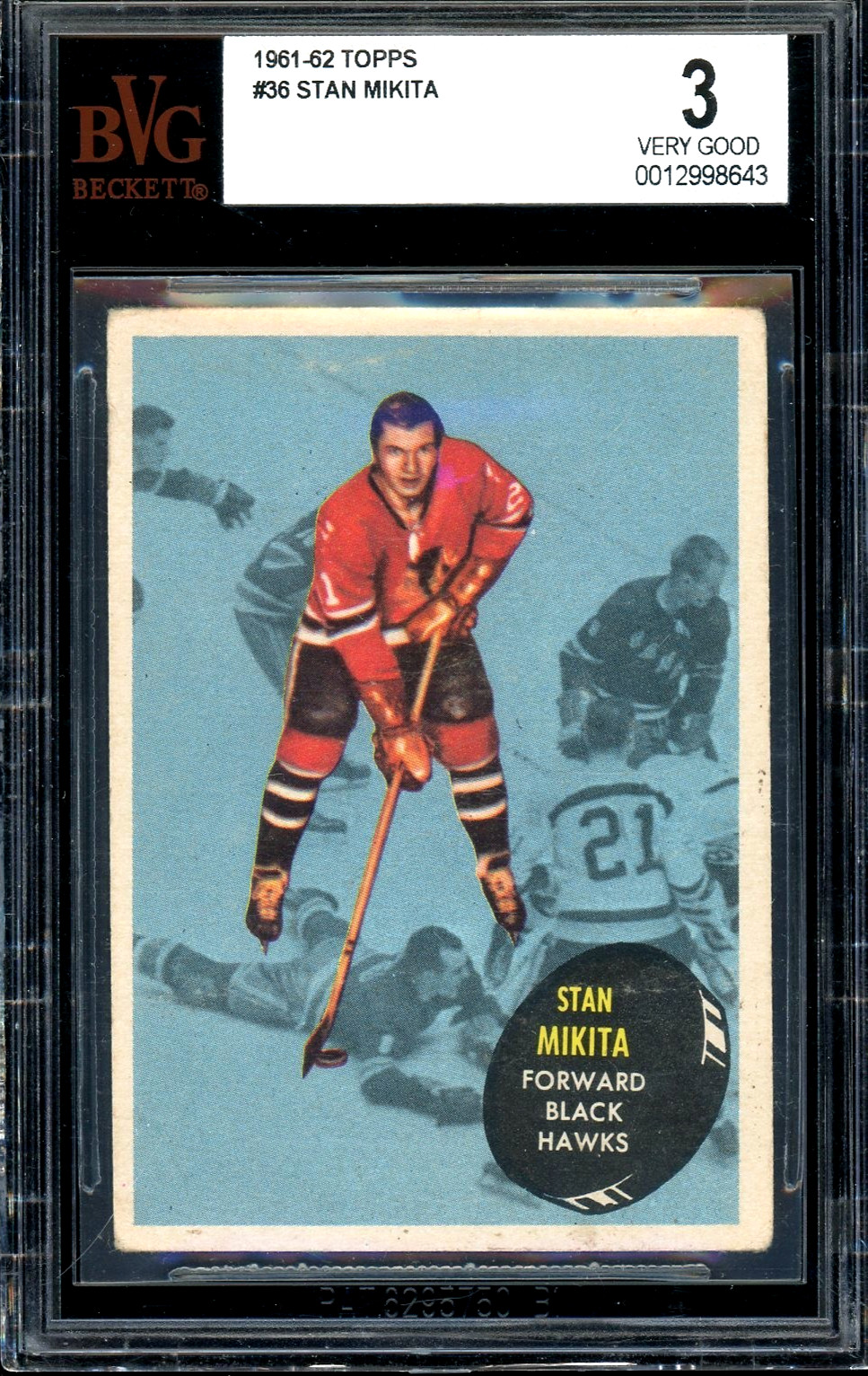 1961-62 TOPPS HOCKEY #36 Stan Mikita HOF BGS 3 VG Black Hawks Nice Eye Appeal