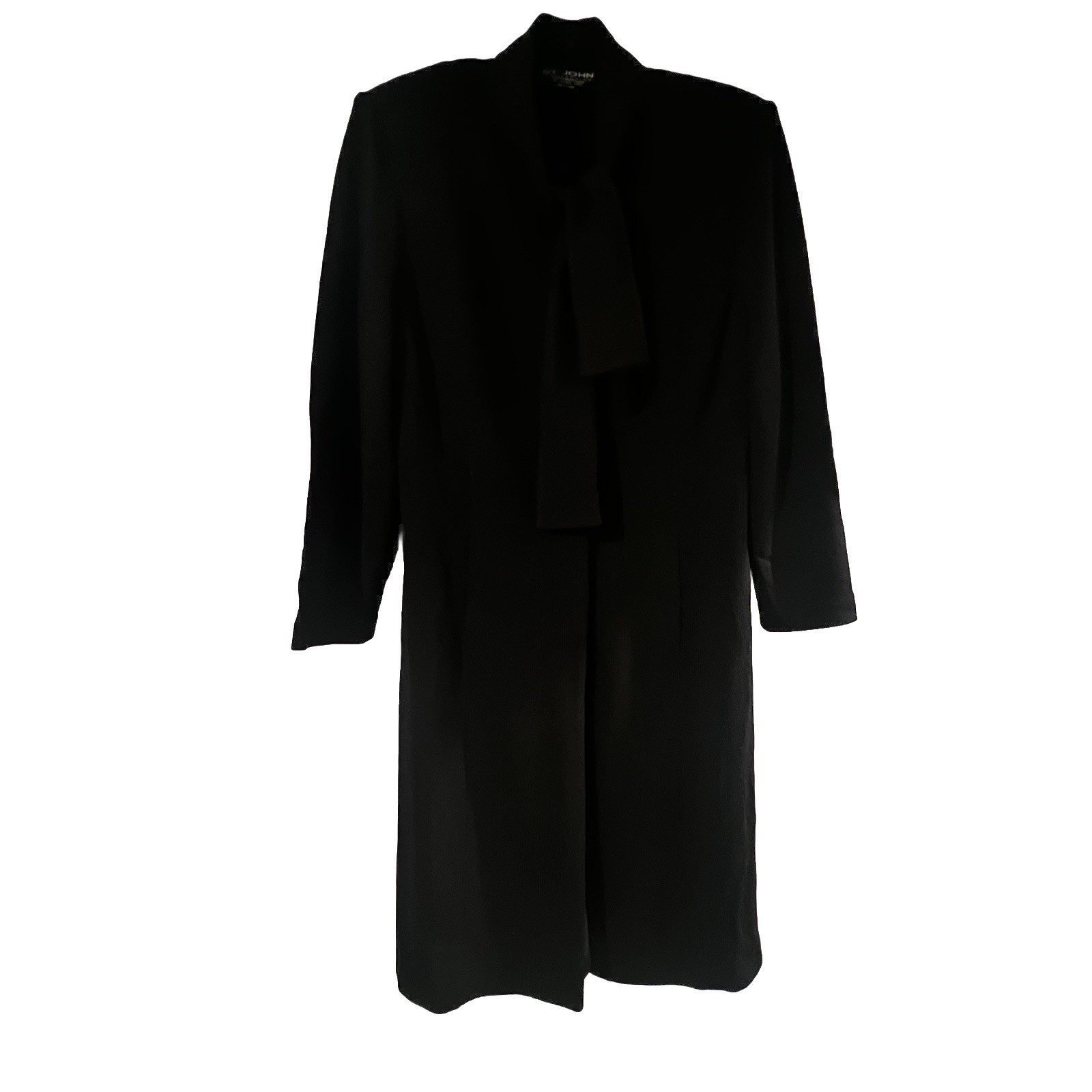 St John Marie Gray Full Length Black KnitCoat, Stand Up Collar With Attached Tie