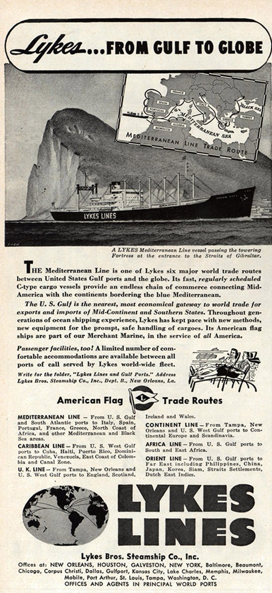 1948 Lykes Lines: From Gulf to Globe Vintage Print Ad 1948 Lykes Lines: From Gulf to Globe Vintage Print Ad