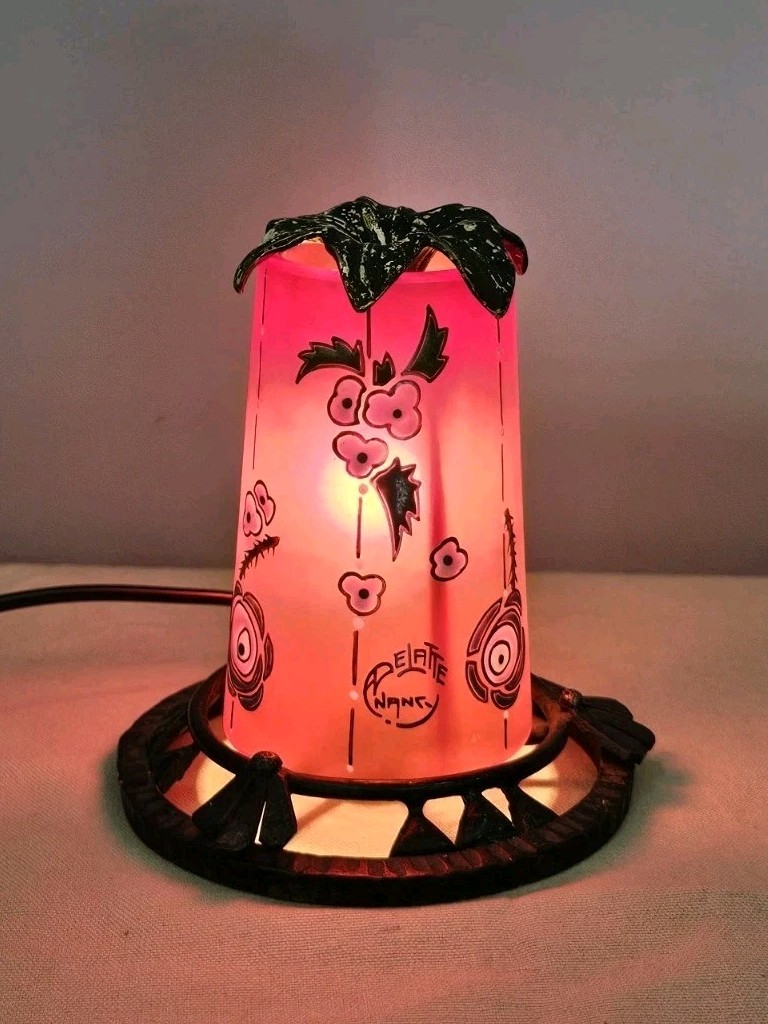 Rare André Delatte Nancy Nightlight Lamp Enameled Glass Paste Floral Wrought Iron