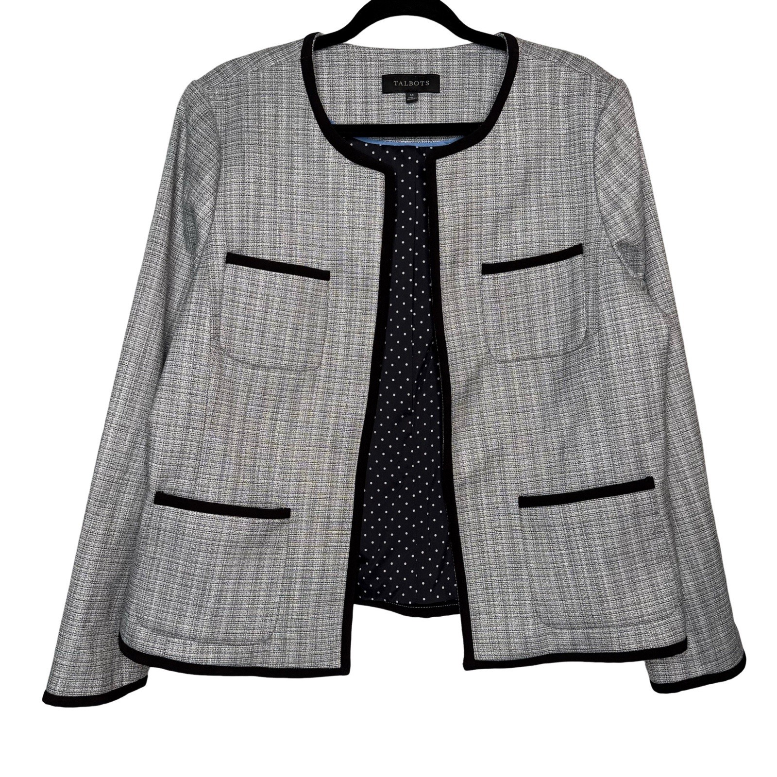 NWOT Talbots Womens 14 Black White Tweed Collarless Blazer Jacket Trim Detail