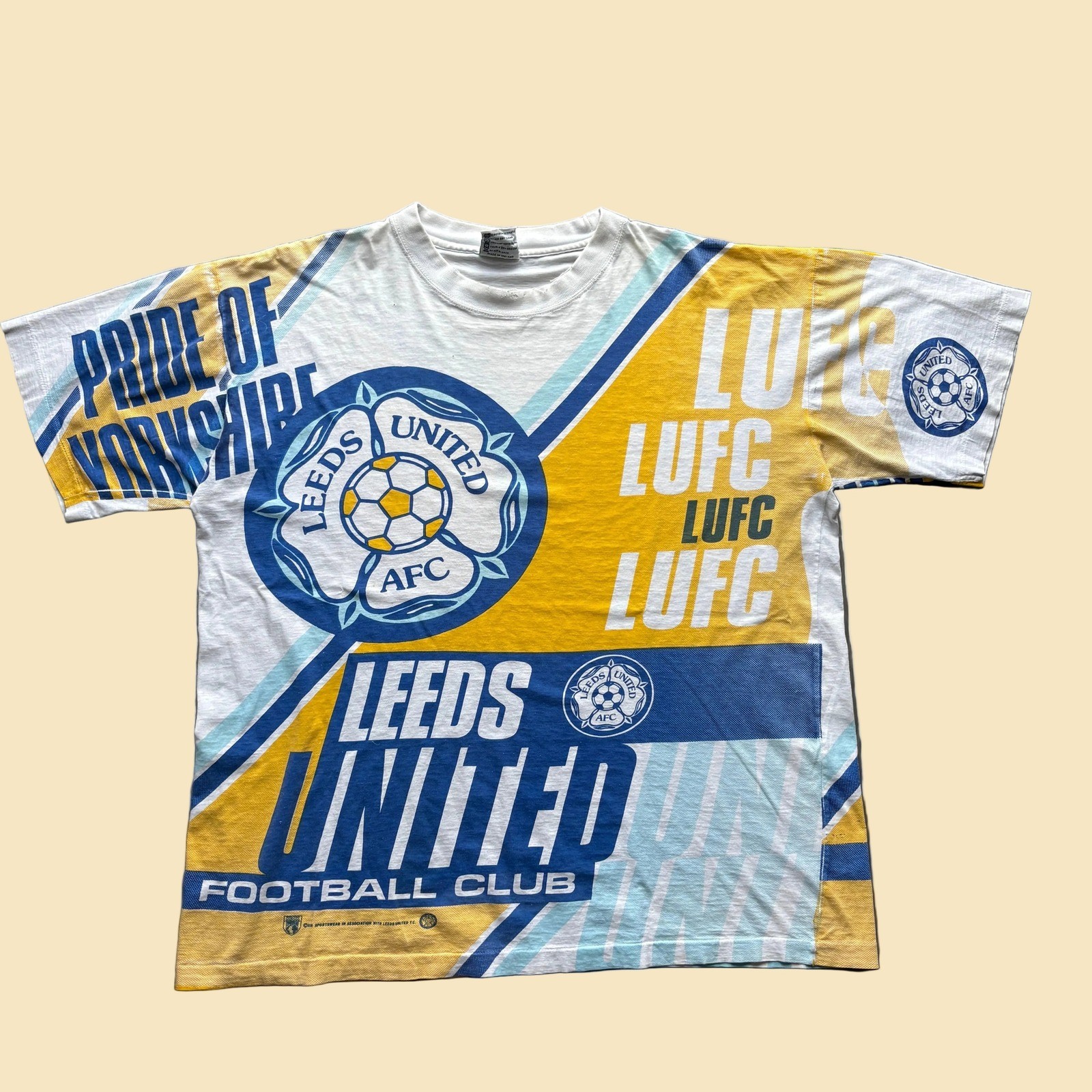 Vintage Leeds United AFC Kick Sportswear All Over Print T-Shirt XL 90s LUFC