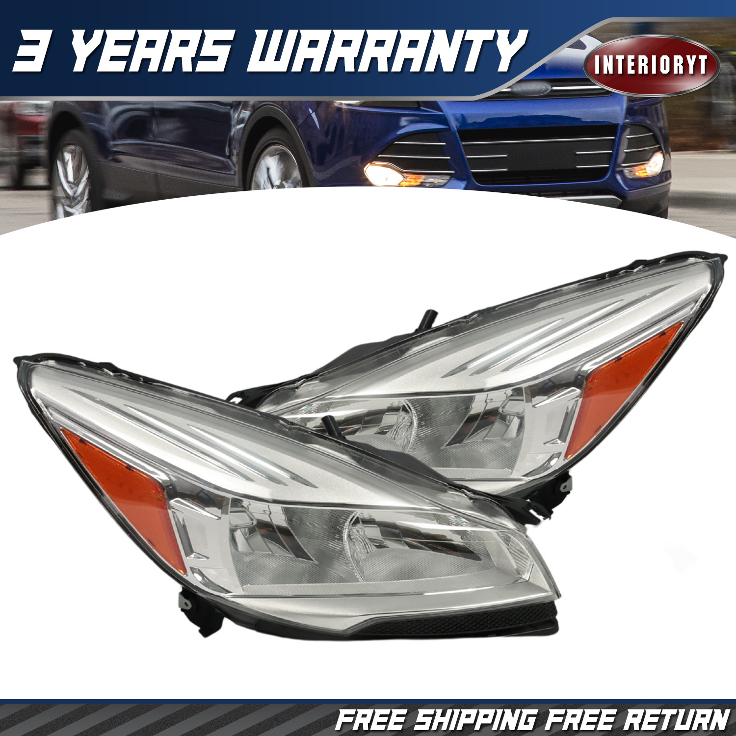 Headlight Assembly Pair Chrome Housing For Ford Escape SUV 2013-2016