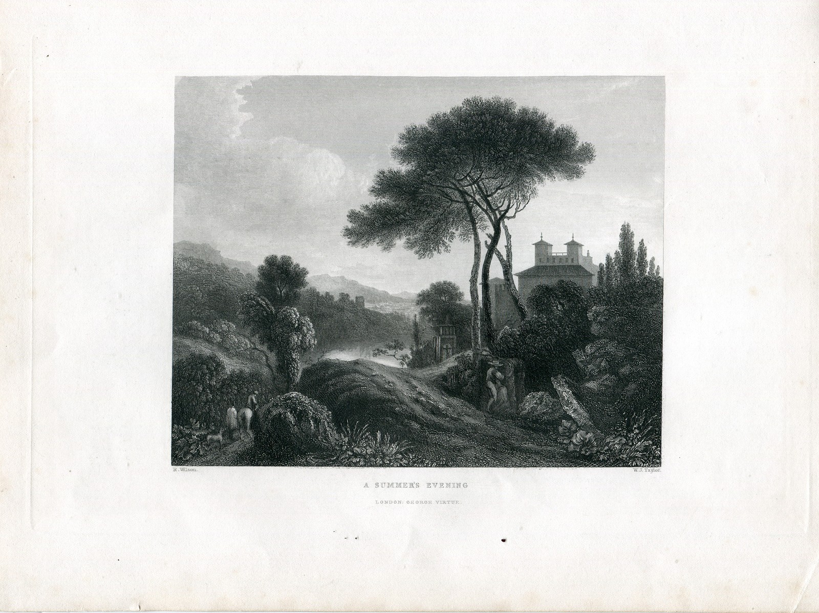 A Summer\'s Evening after Richard Wilson - Steel Engraving by Taylor - 1849
