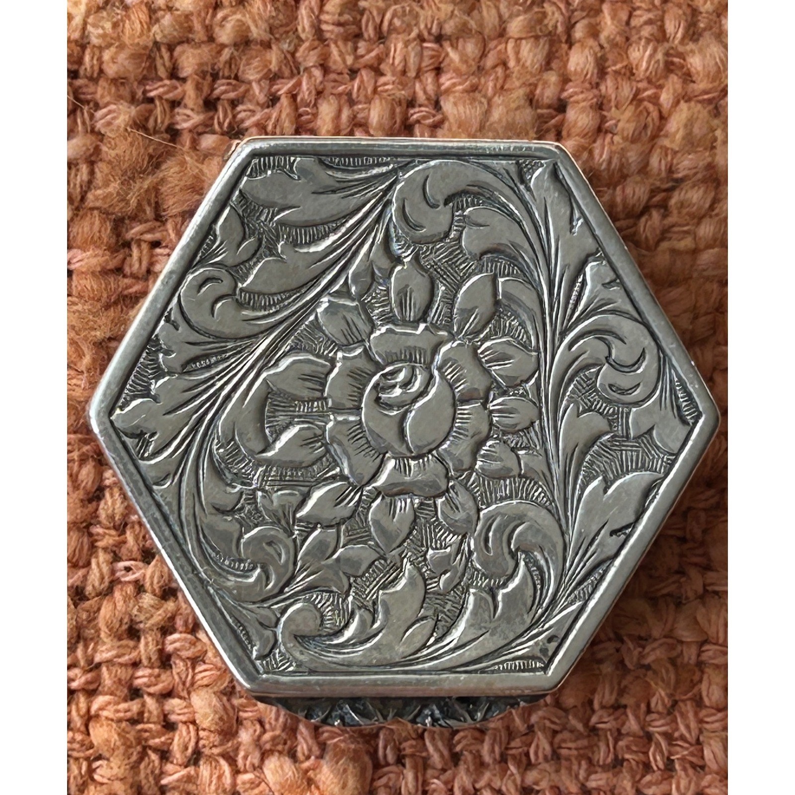 Vintage 800 Silver Hexagonal Pill Box Engraved Floral Hinged Trinket Case