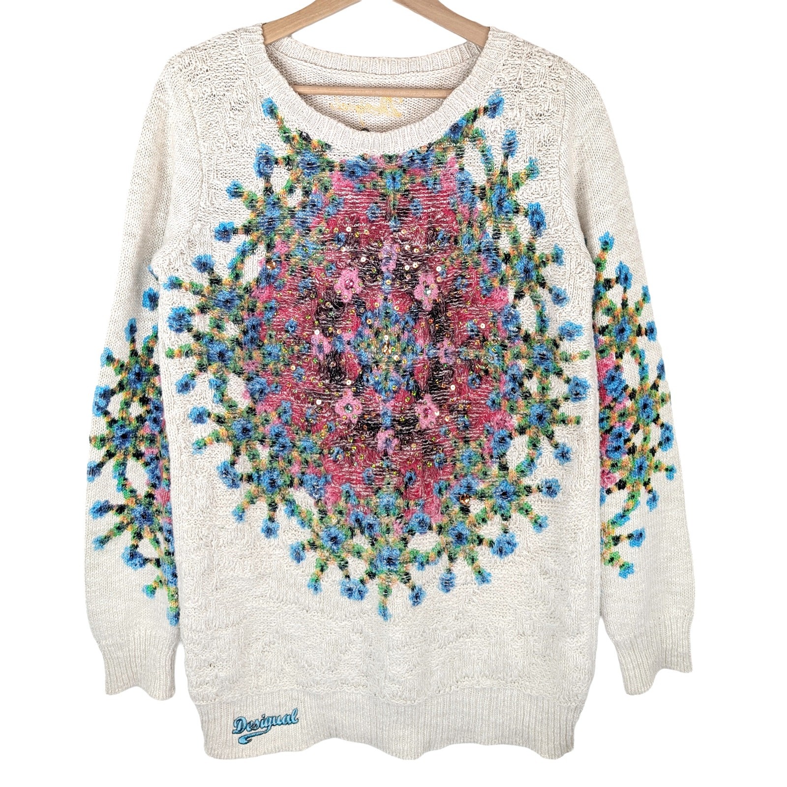 Desigual Colorful Pullover Sweater Graphic Floral Sequin Art Geometric Women\'s L