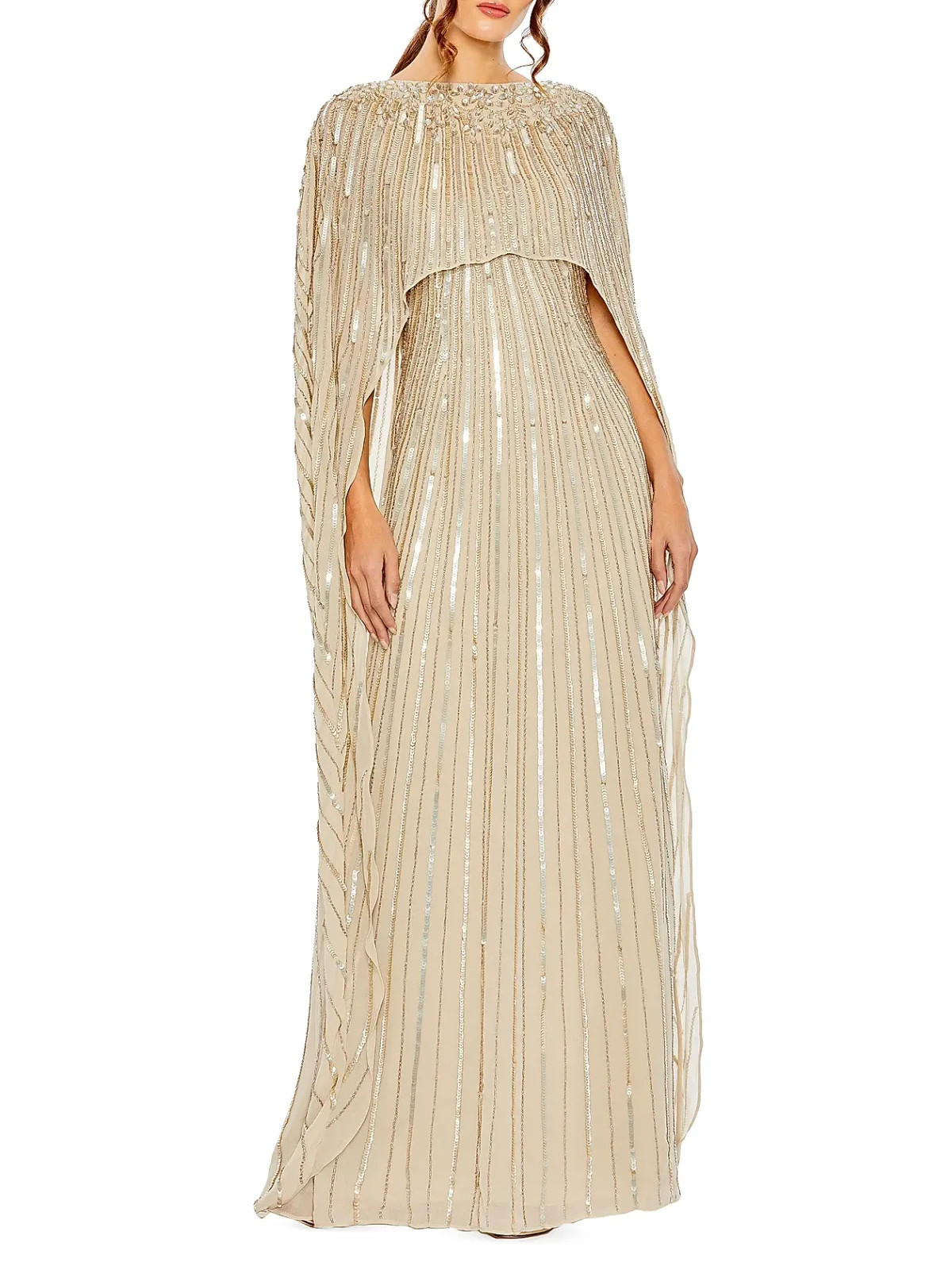 Mac Duggal Champagne Embellished Sequin Beaded Column Cape Gown Size 12 $798