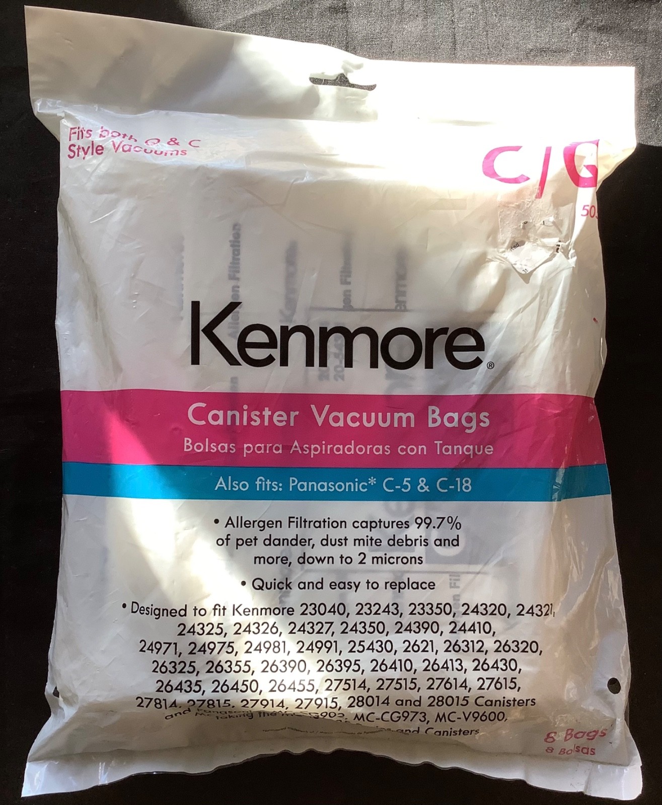 NEW pack 8 Kenmore Q/C / Panasonic C5/C18 vac bags w/allergy filter, & 