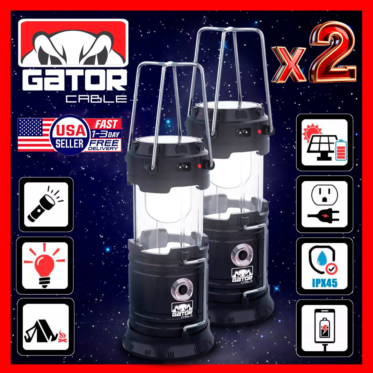 2-Pack Solar Camping Lantern Flashlight Lamp Portable Rechargeable LED USB Power