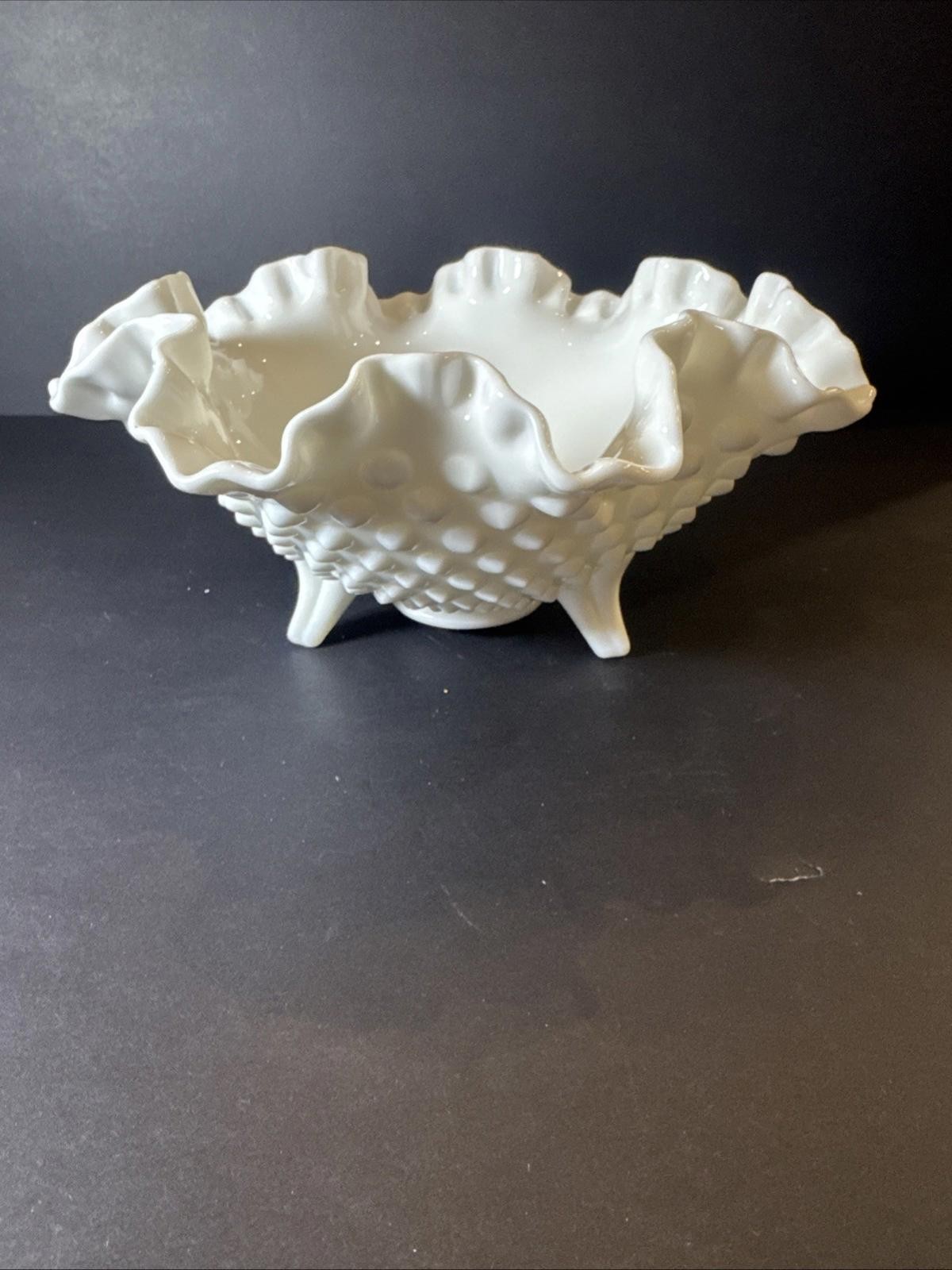 Vintage Fenton Hobnail Double Crimped Ruffle Edge Milk Glass Bowl 8” X 4” Chip Vintage Fenton Hobnail Double Crimped Ruffle Edge Milk Glass Bowl 8” X 4” Chip