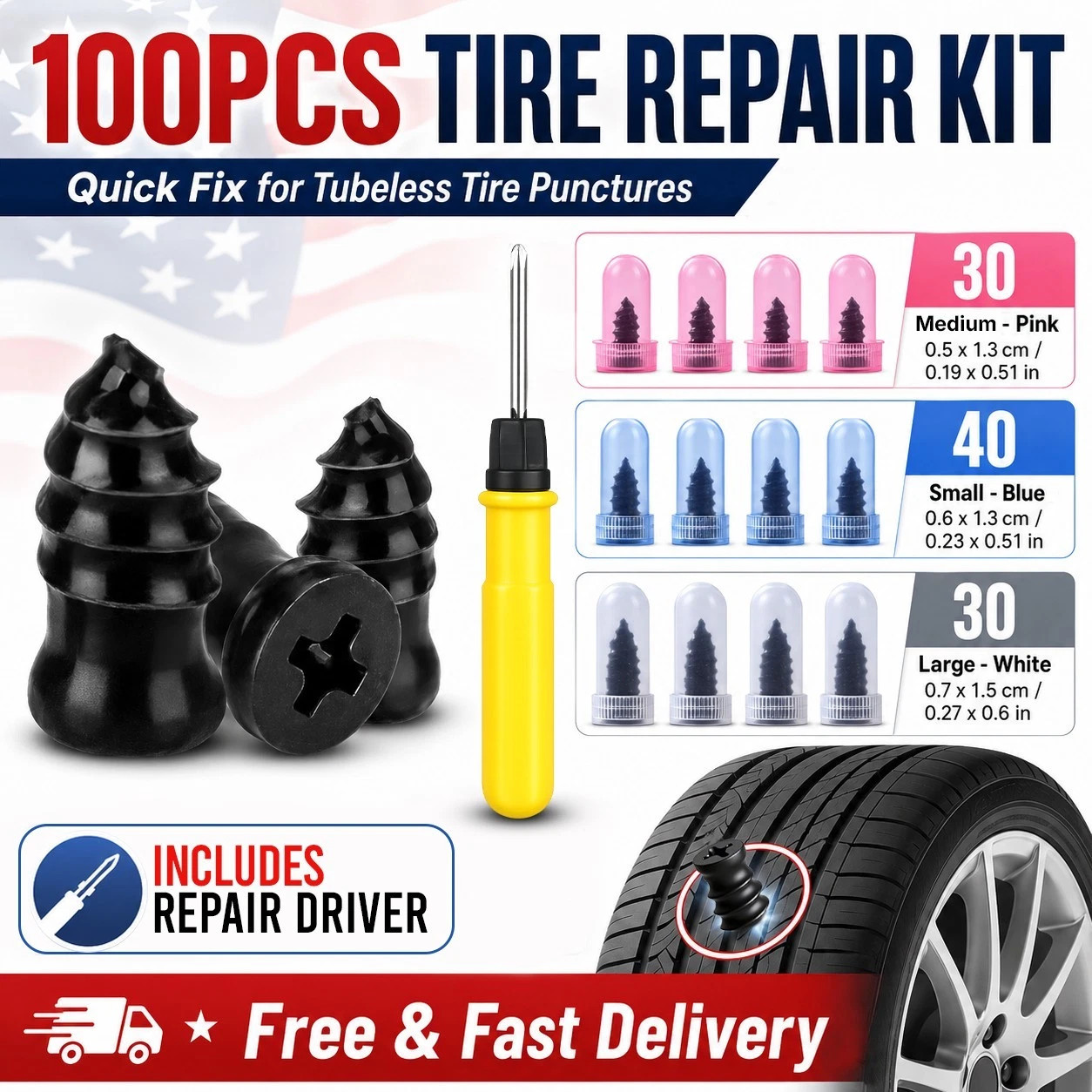 100Pcs Tire Repair Rubber Nails Tyre Puncture Repair Screws Kit with Screwdriver 100Pcs Tire Repair Rubber Nails Tyre Puncture Repair Screws Kit with Screwdriver