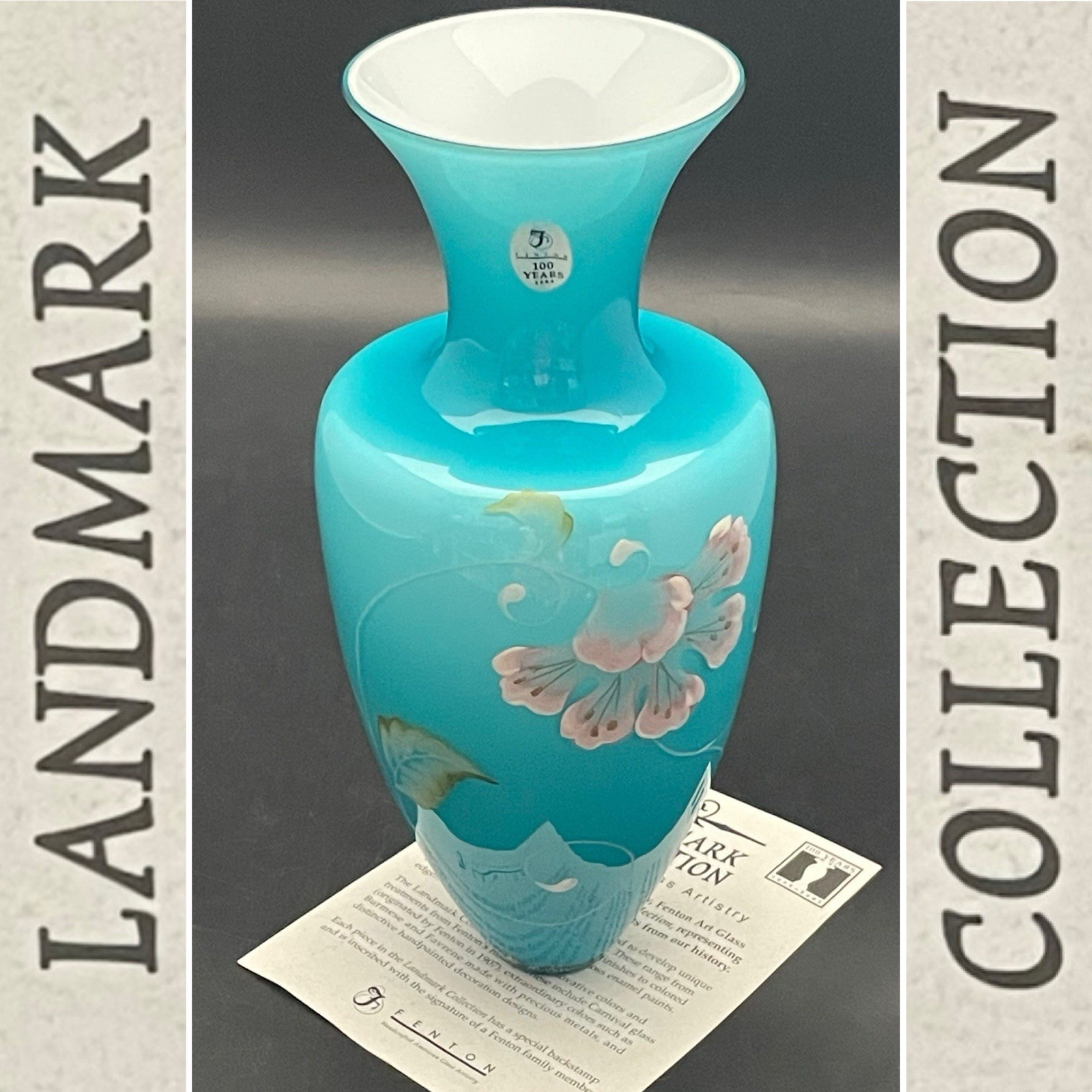 Fenton 100 Years 2005 Blue Cockatiel Floral Handleless Amphora Vase 9\