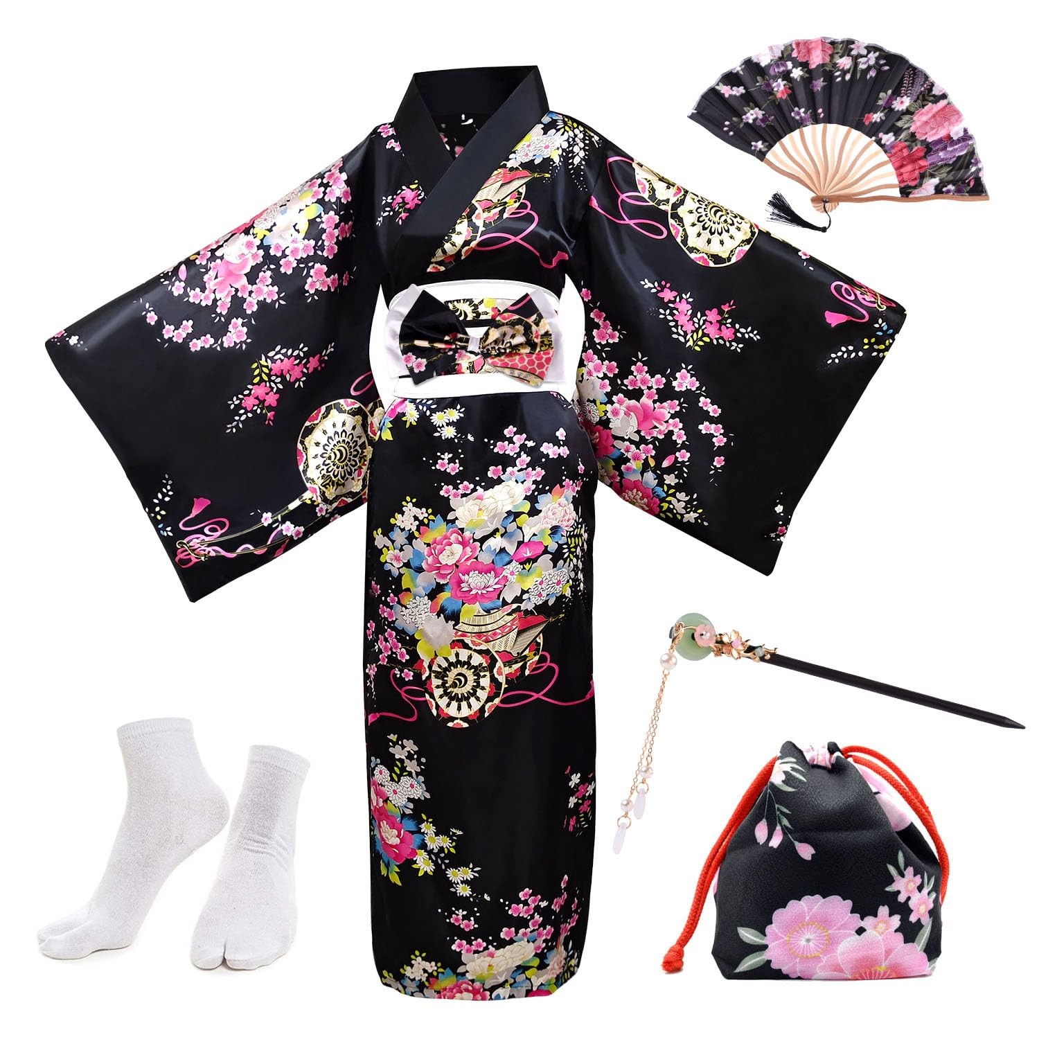 PLULON 5Pcs Japanese Yukata Blossom Satin Bathrobe Set with Bag Fan Hairpin