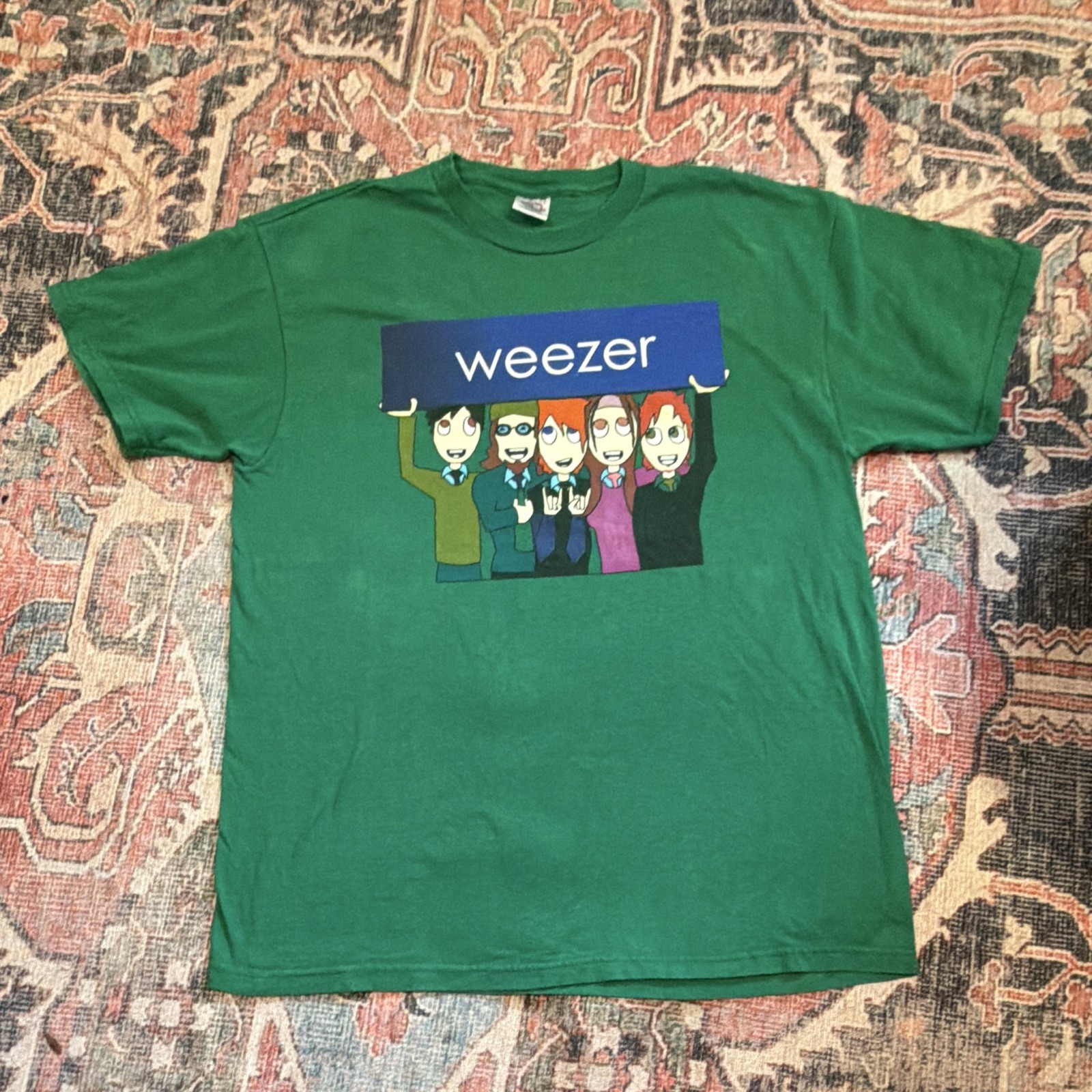 Vintage Weezer Green Graphic T-Shirt Cartoon Band Tee Distressed Thrashed Size L