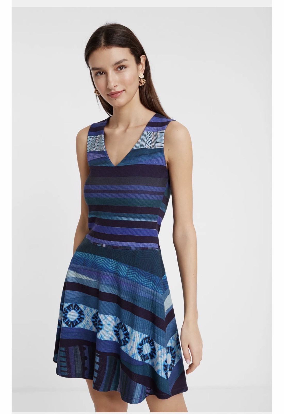 Desigual DUNA Sleeveless Dress Blue Teal Geometric Large Blue Colorful Love NWT