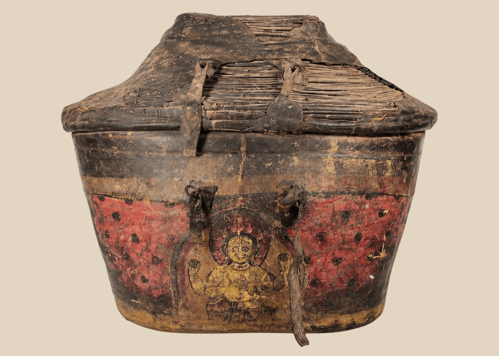 Antique Himalayan | Painted Hide-Covered Lidded Storage Basket with Deity Figure