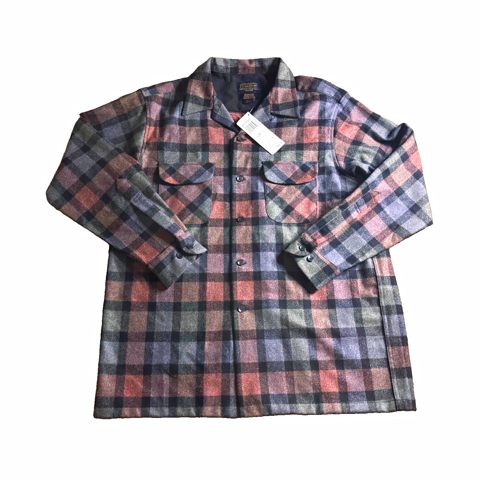 Pendleton The Original Board Shirt Wool Flannel Plaid Button-Up L Gray/Red