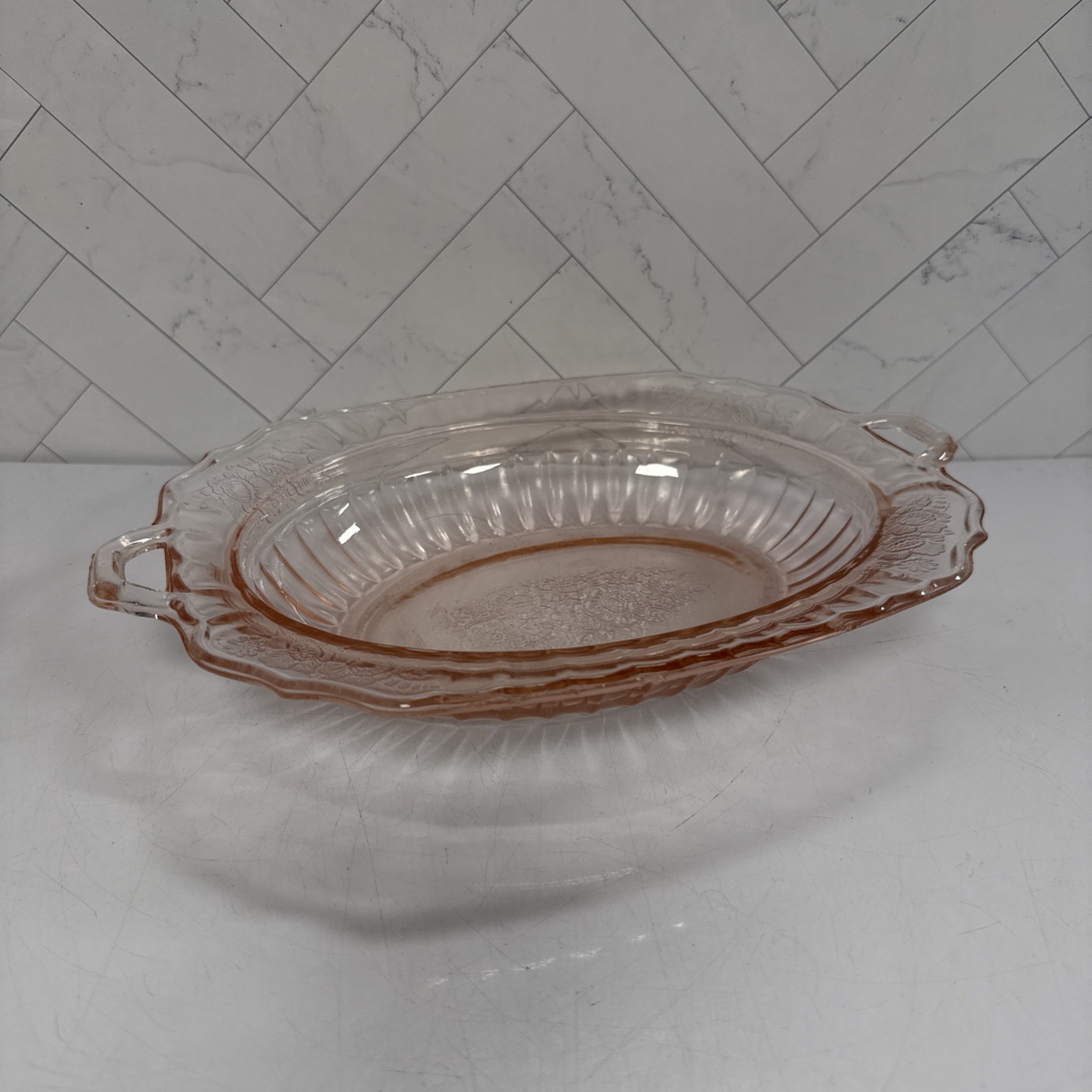 Vintage Antique 1930s Hocking Mayfair Rose Pink Depression Era Glass Oval Bowl
