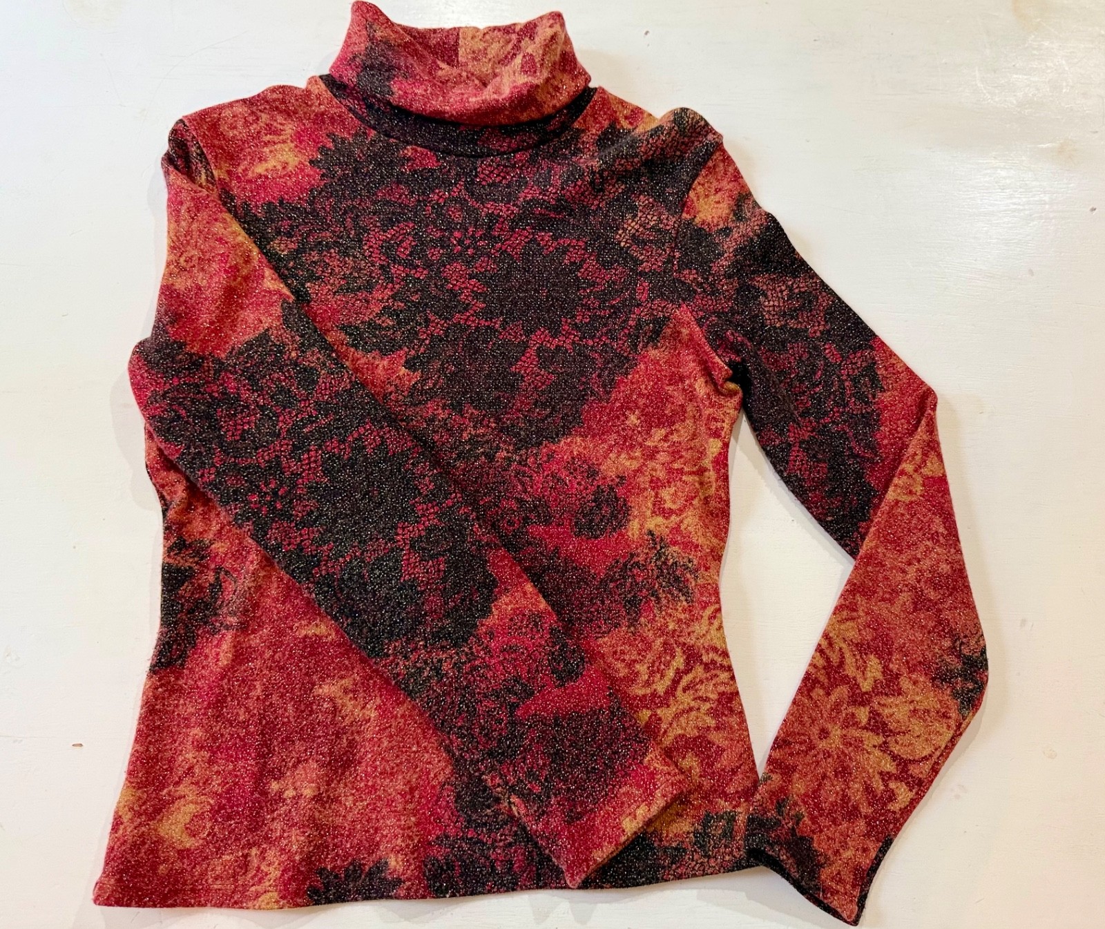 Cache Womens VTG Red Gold Floral Long Sleeve Turtleneck Sweater Sz L Cache Womens VTG Red Gold Floral Long Sleeve Turtleneck Sweater Sz L