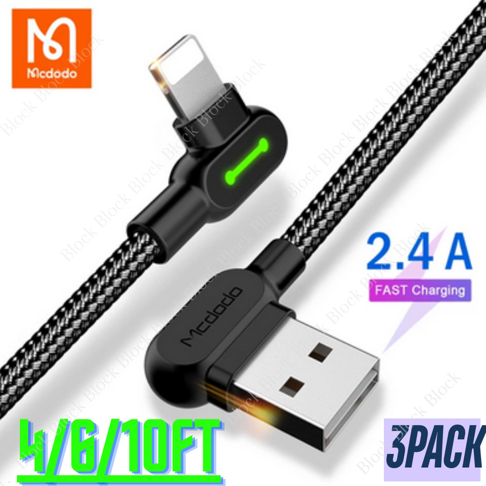 3x Mcdodo 90 Degree Elbow USB Cable Charger Cord 4/6/10FT For iPhone 14 13 12 11