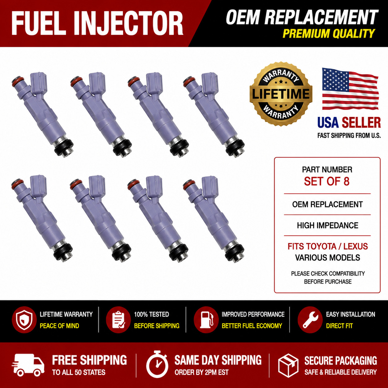8X OEM 23250-70120 NEW FUEL INJECTORS FOR 2005-2009 TOYOTA TUNDRA 4.7L 5.7L USA