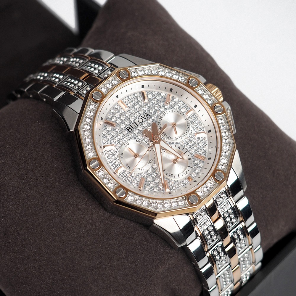 Men\'s Bulova Octava Crystal Gemmed Dial Silver & Rose Gold Quartz Watch 98C133