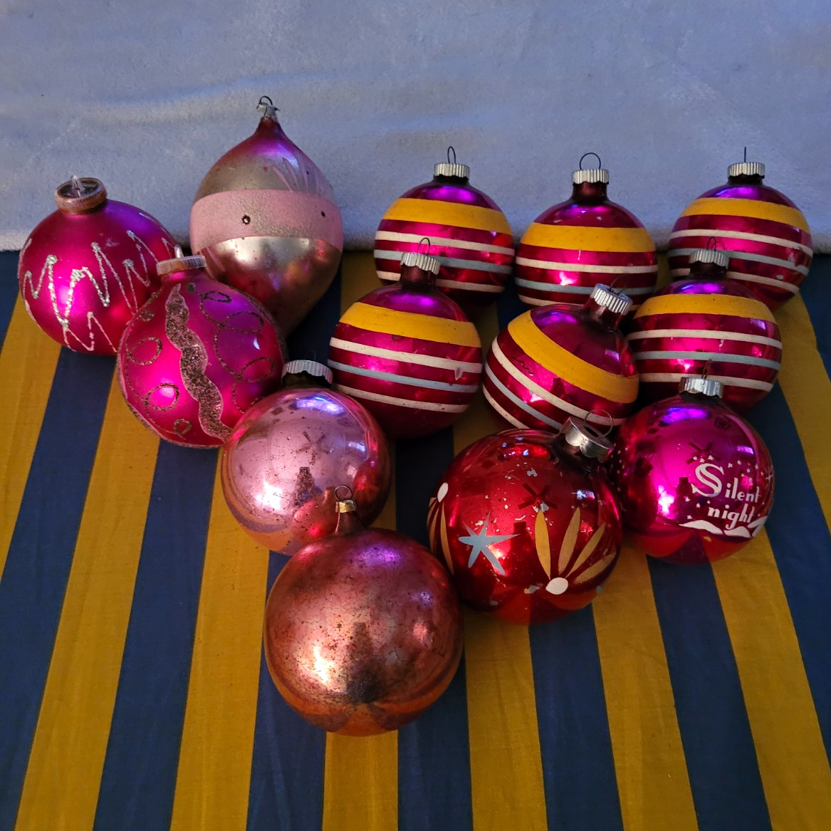Vintage Set of 13 Glass Striped Christmas Ornaments Pink/Red Germany & SHINEY