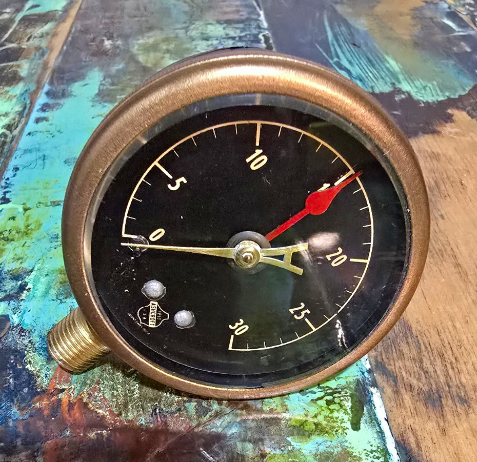 Vintage Antique Ashcroft Steam Gauge with Beveled Glass, Brass Ring, Black Face Vintage Antique Ashcroft Steam Gauge with Beveled Glass, Brass Ring, Black Face