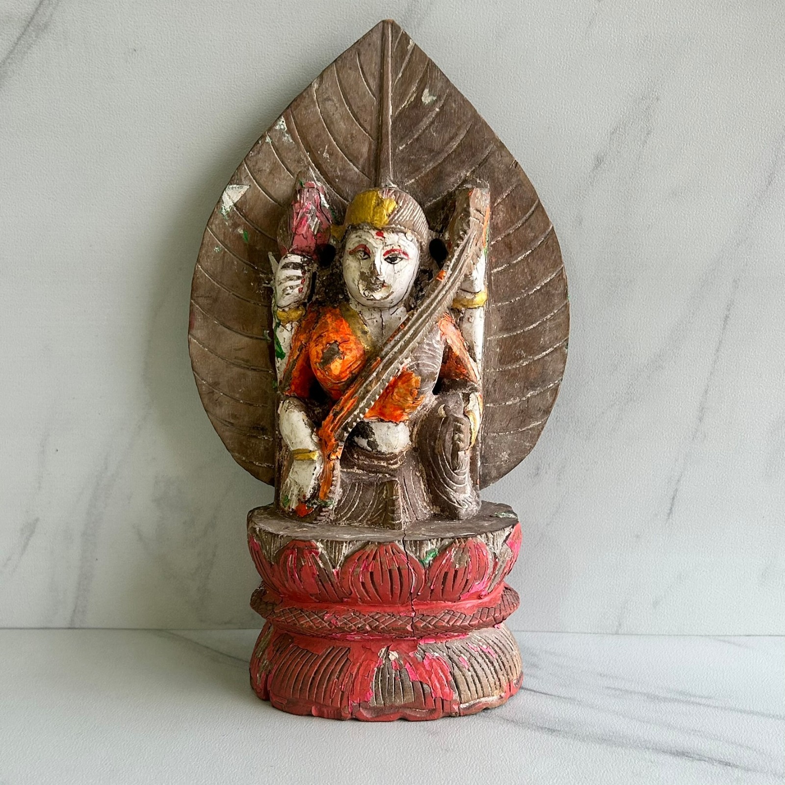 Vtg Original Goddess Saraswati Hand Carved Wooden Idol Statue Weathered Paint
