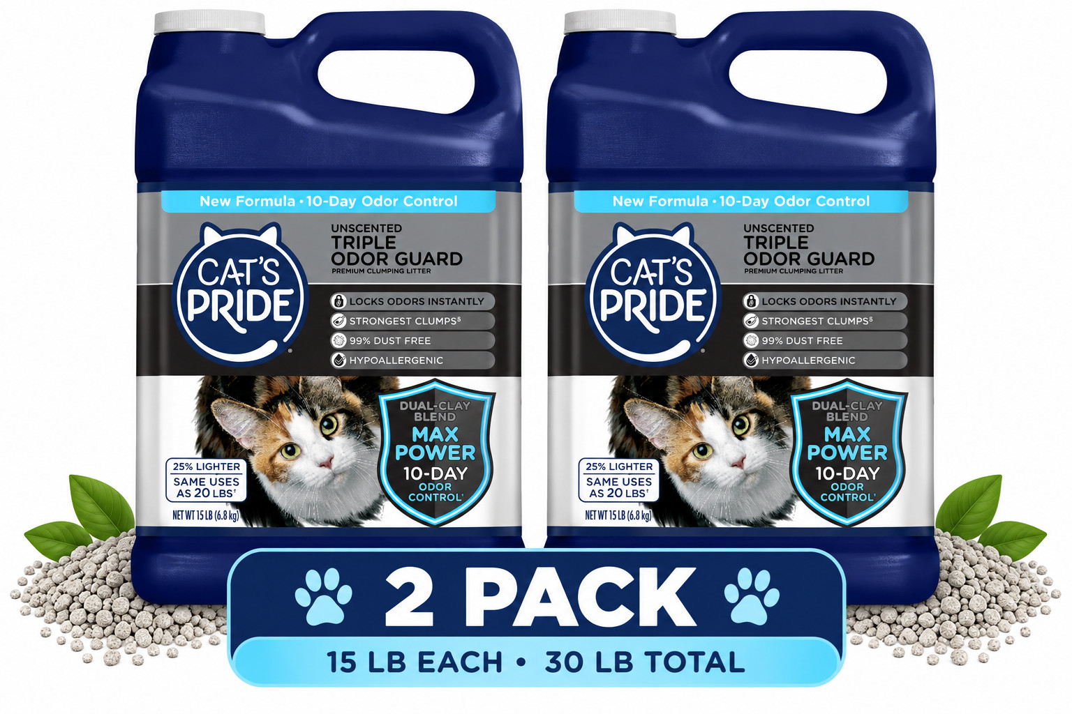 2x Cat\'s Pride Max Power Triple Odor Guard Unscented Clumping Cat Litter, 15 lb