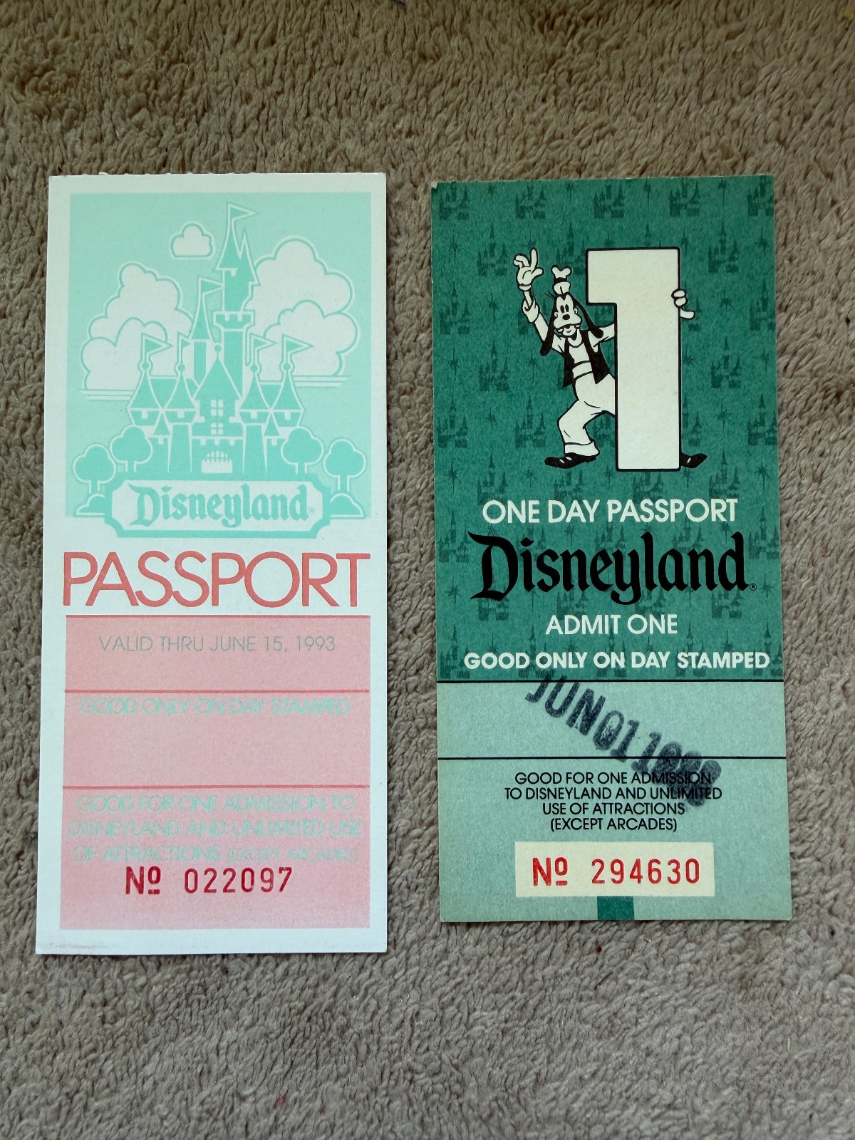 Vintage 1986 & 1993 Disneyland One Day Passports Goofy Ticket Pair