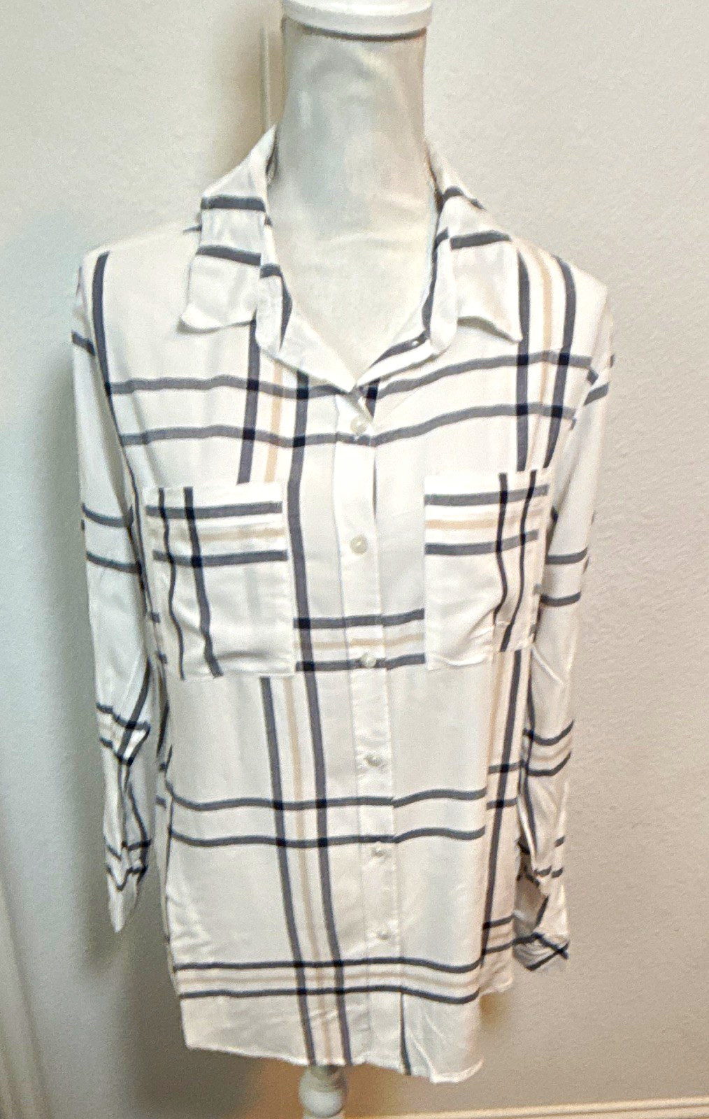 Sanctuary Womens XS White Blue Beige Plaid Rayon Woven Button-Up Roll Tab 3/4 Sanctuary Womens XS White Blue Beige Plaid Rayon Woven Button-Up Roll Tab 3/4