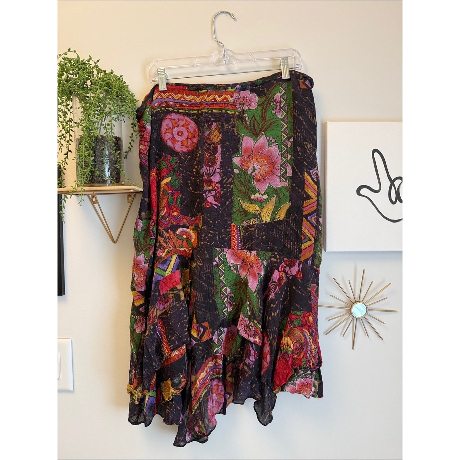 Chico\'s Design 100% Silk Black Floral Patchwork Asymmetrical Skirt Chico\'s Design 100% Silk Black Floral Patchwork Asymmetrical Skirt
