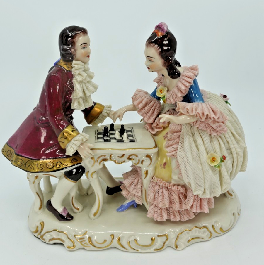  Vintage Dresden Style Porcelain Lace Figurine Couple Playing Chess Germany