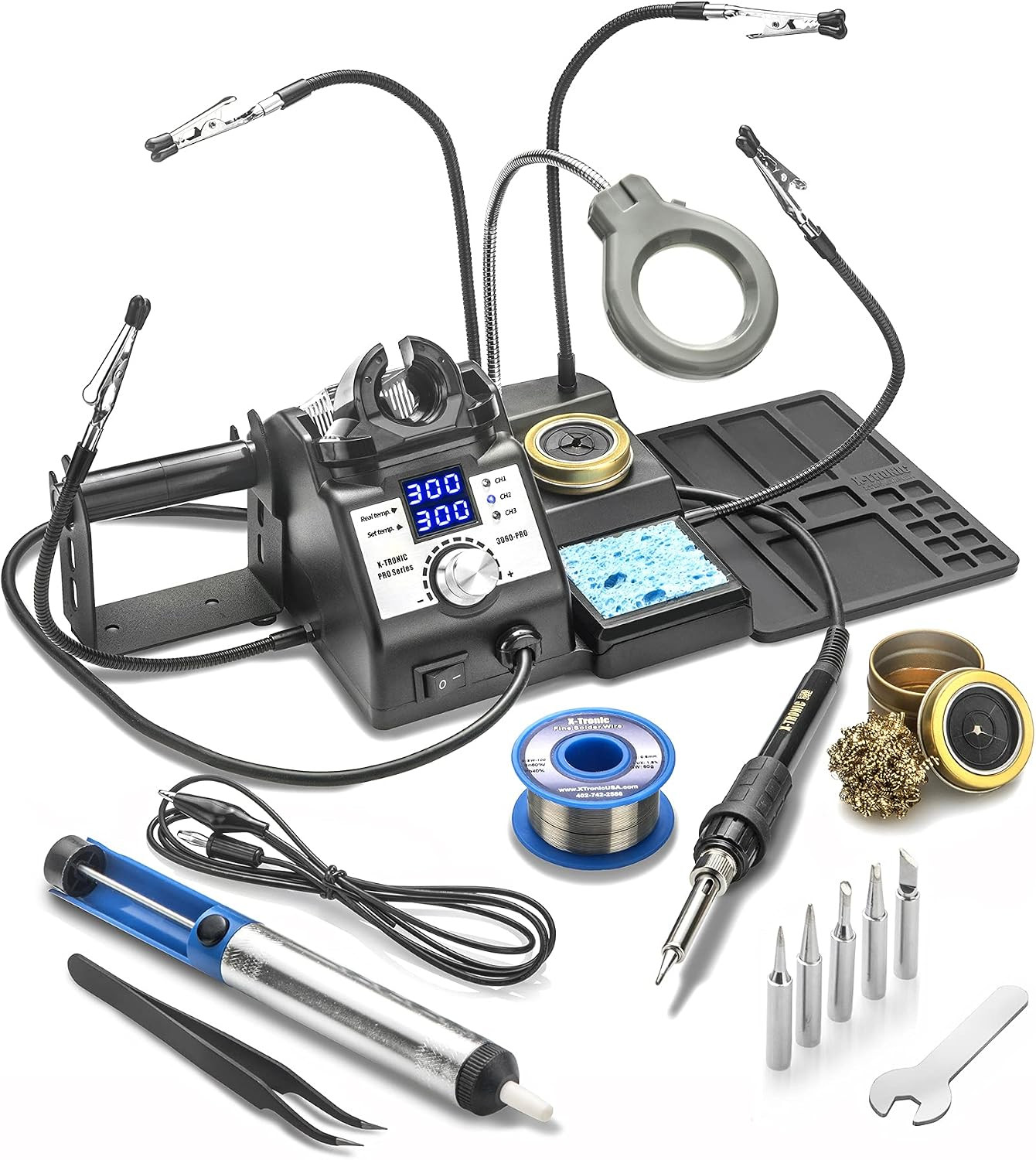 X-Tronic 3060-PRO • 75W Soldering Iron Station Kit • 5 Extra Tips • Mini Mag Lam
