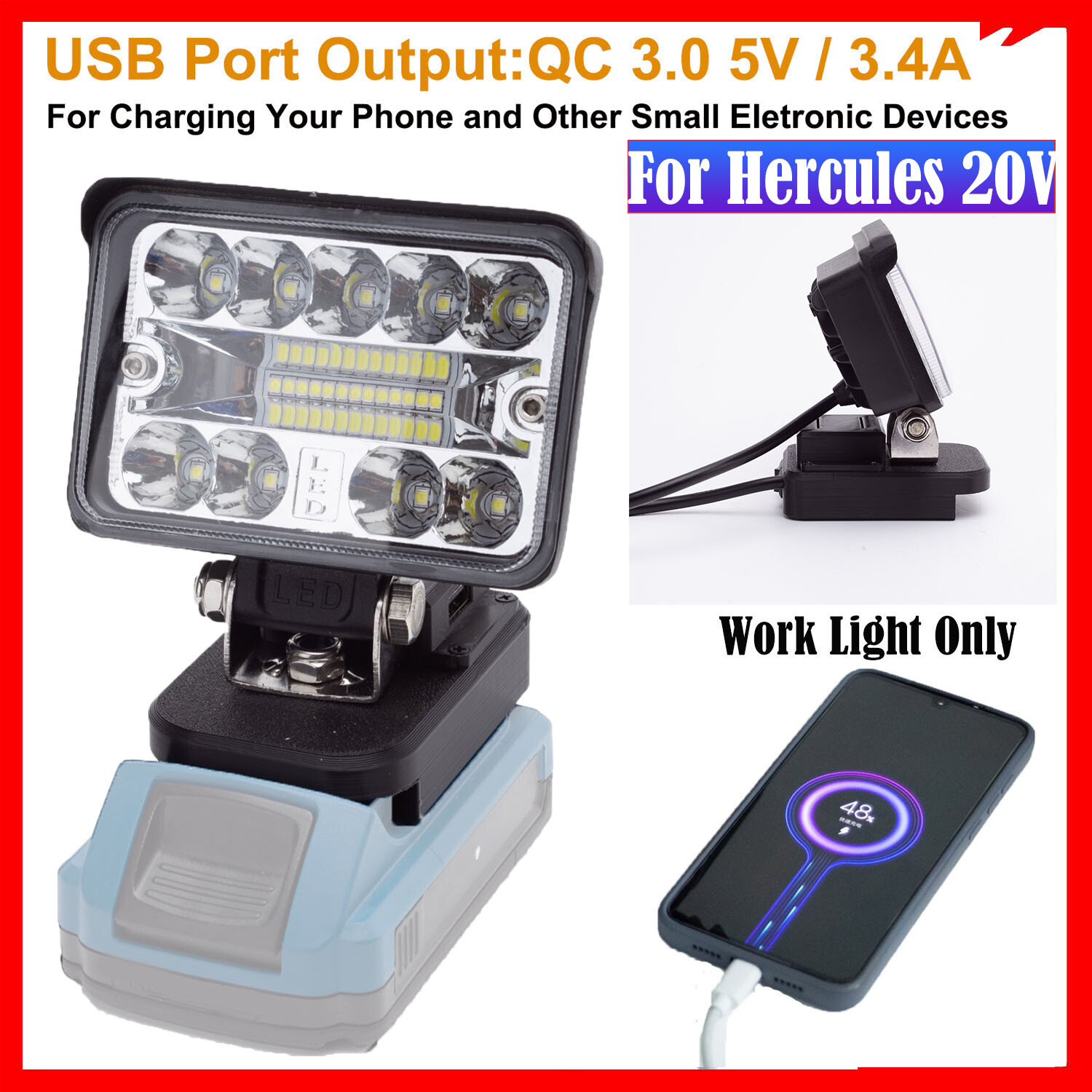 Outdoor LED Work Light for Hercules 20V Lithium Battery with USB Portable QC3.0