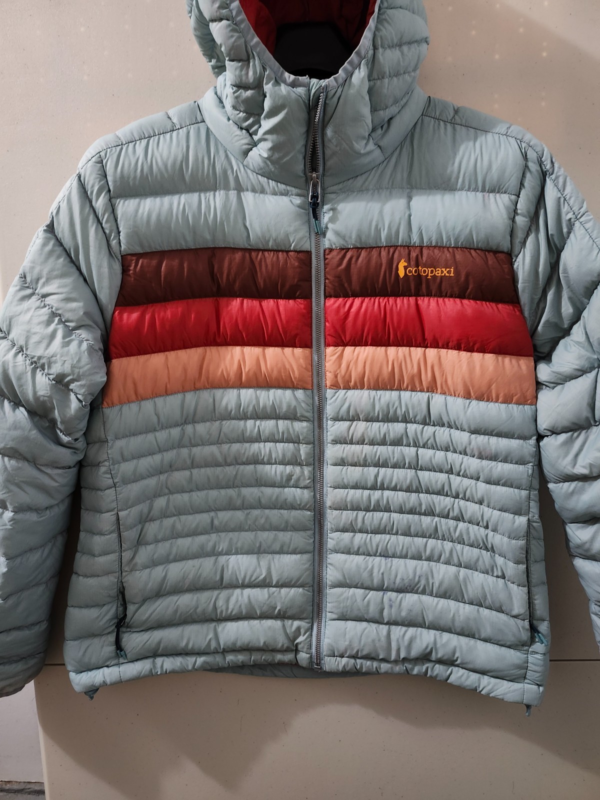 Cotopaxi Jacket Womens L Fuego Down Puffer Zip Hoodie Quilted Colorblock READ Cotopaxi Jacket Womens L Fuego Down Puffer Zip Hoodie Quilted Colorblock READ