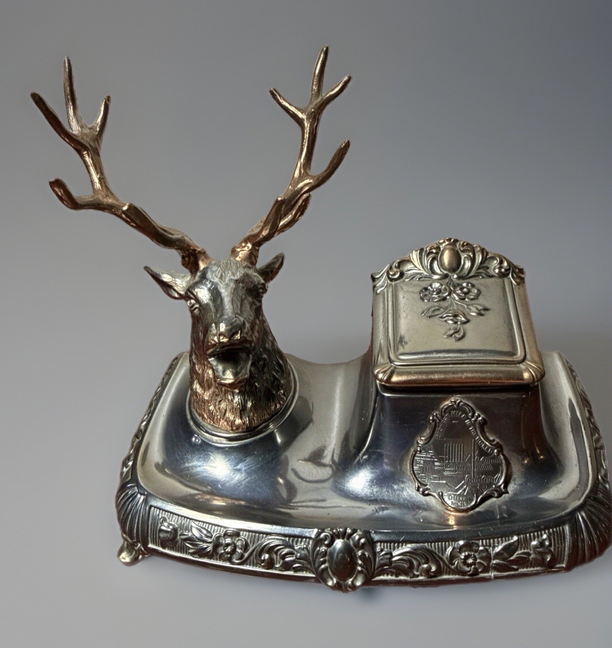 HTF Antique Jennings Brothers Silver Plated Stag Deer Inkwell