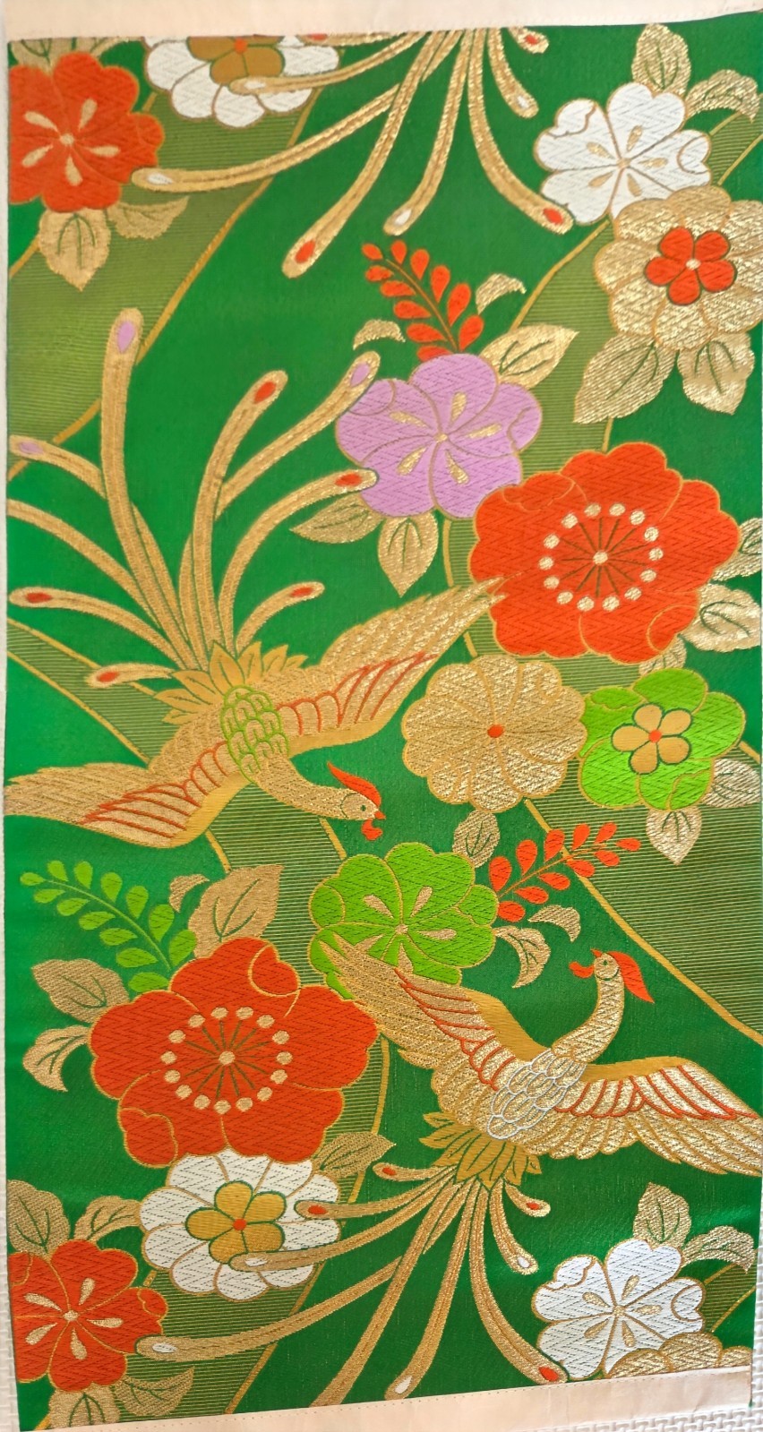 Vintage Japanese Kimono Obi Fabric Green Gold Crane Floral Silk Craft Material