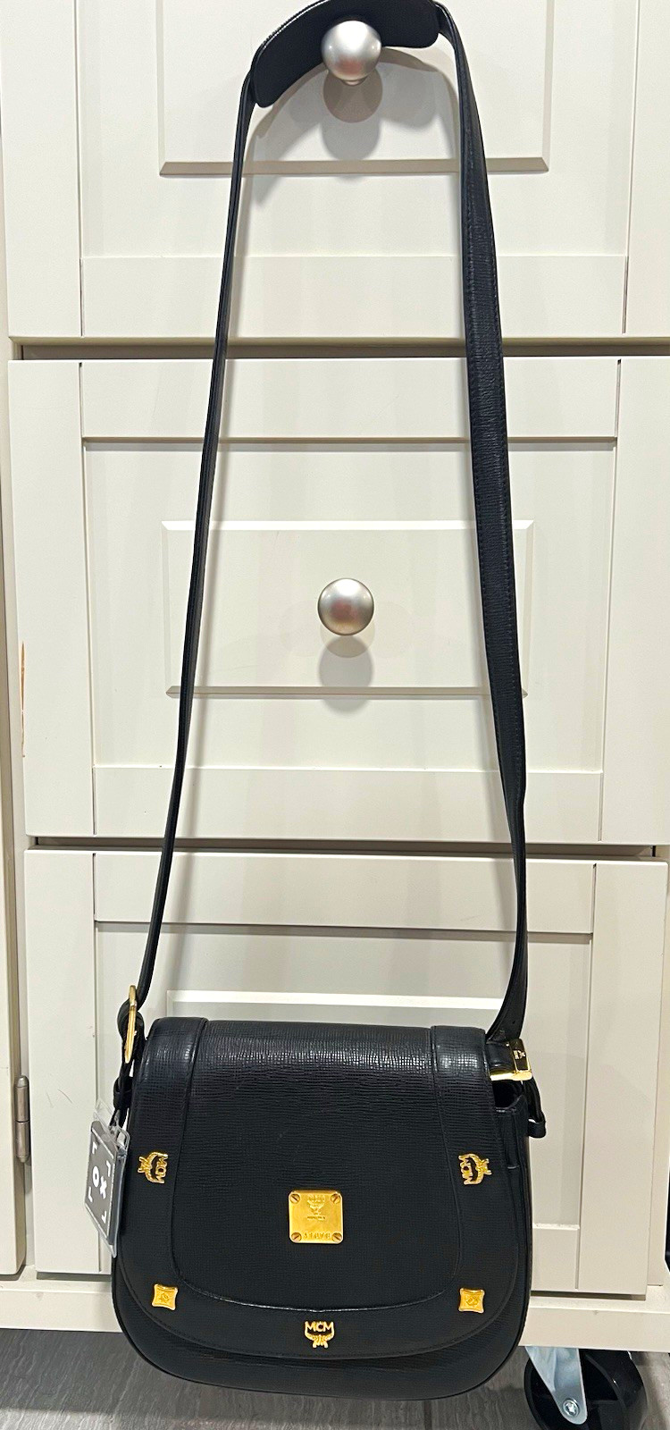 MCM Black Textured Leather Medium Crossbody Magnetic Close Gold Logo Strap