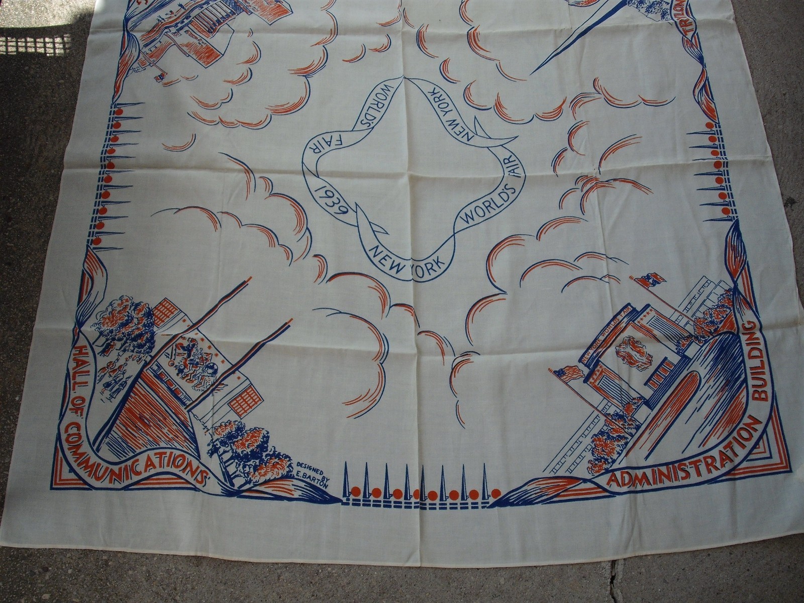 Rare 1939 NY Worlds Fair 52 x 49 Linen Tablecloth E. Barton Antique Textile Rare 1939 NY Worlds Fair 52 x 49 Linen Tablecloth E. Barton Antique Textile