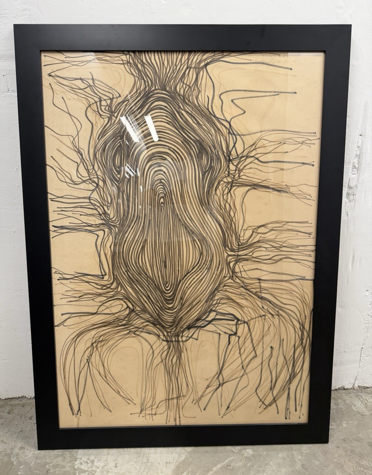 Framed Abstract Figure Line Drawing on Paper Julio Rosado Del Valle PR 1970s