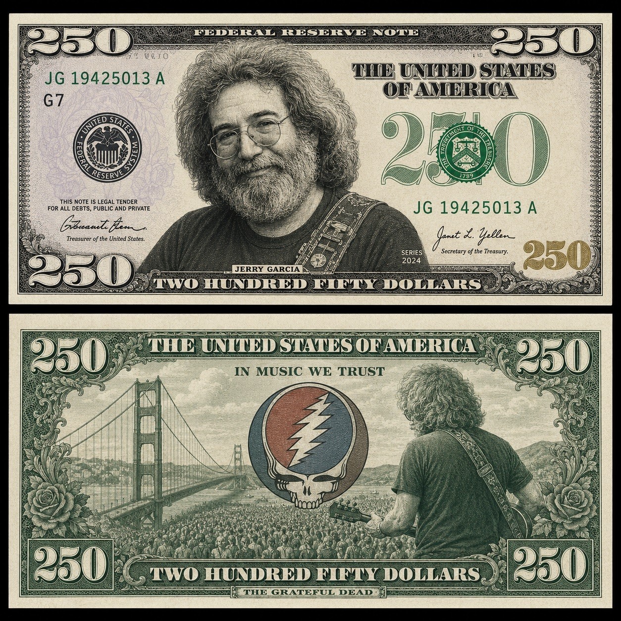 2000 Jerry Garcia Grateful Dead 250 Dollar Bill Full-Sized