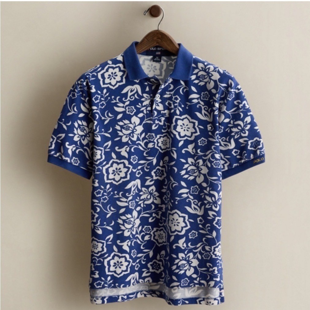 Polo Sport Ralph Lauren Polo Shirt Mens M Blue White Hibiscus Floral 1997