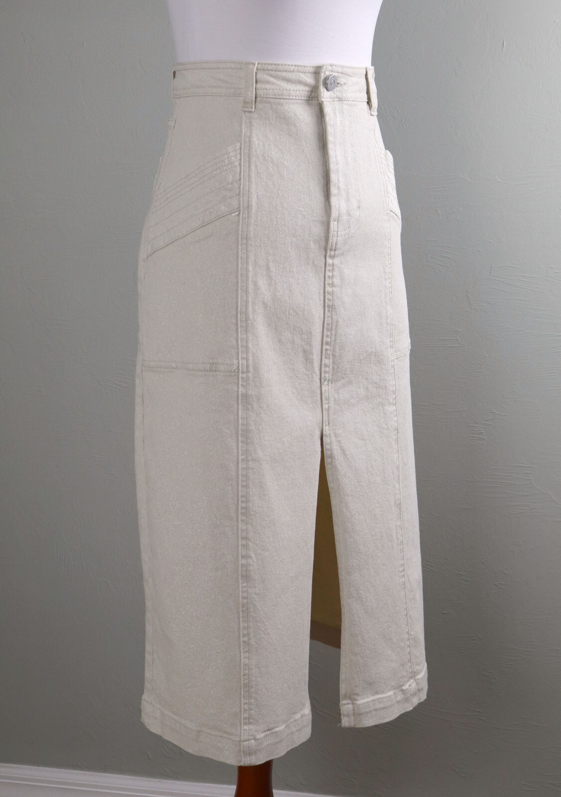 HABITUAL NEW $99 Sparkle Beige Vented Midi Pencil Denim Jean Skirt Size 6 / 28