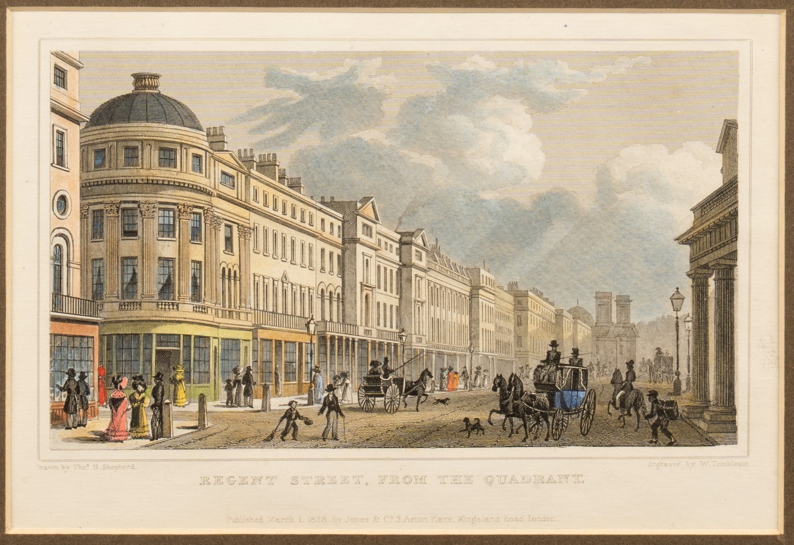 Antique Hand Colored Engraving, Regent Street, London, 1828, Matted