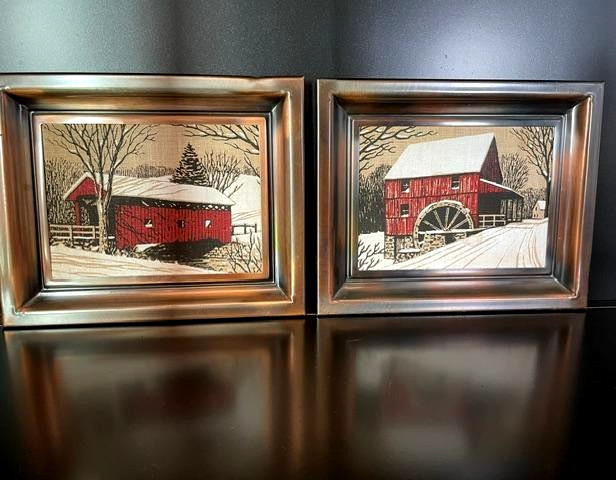VTG Coppercraft Guild Hand-Painted Linen Prints Winter Red Bridge/Red Mill Set VTG Coppercraft Guild Hand-Painted Linen Prints Winter Red Bridge/Red Mill Set